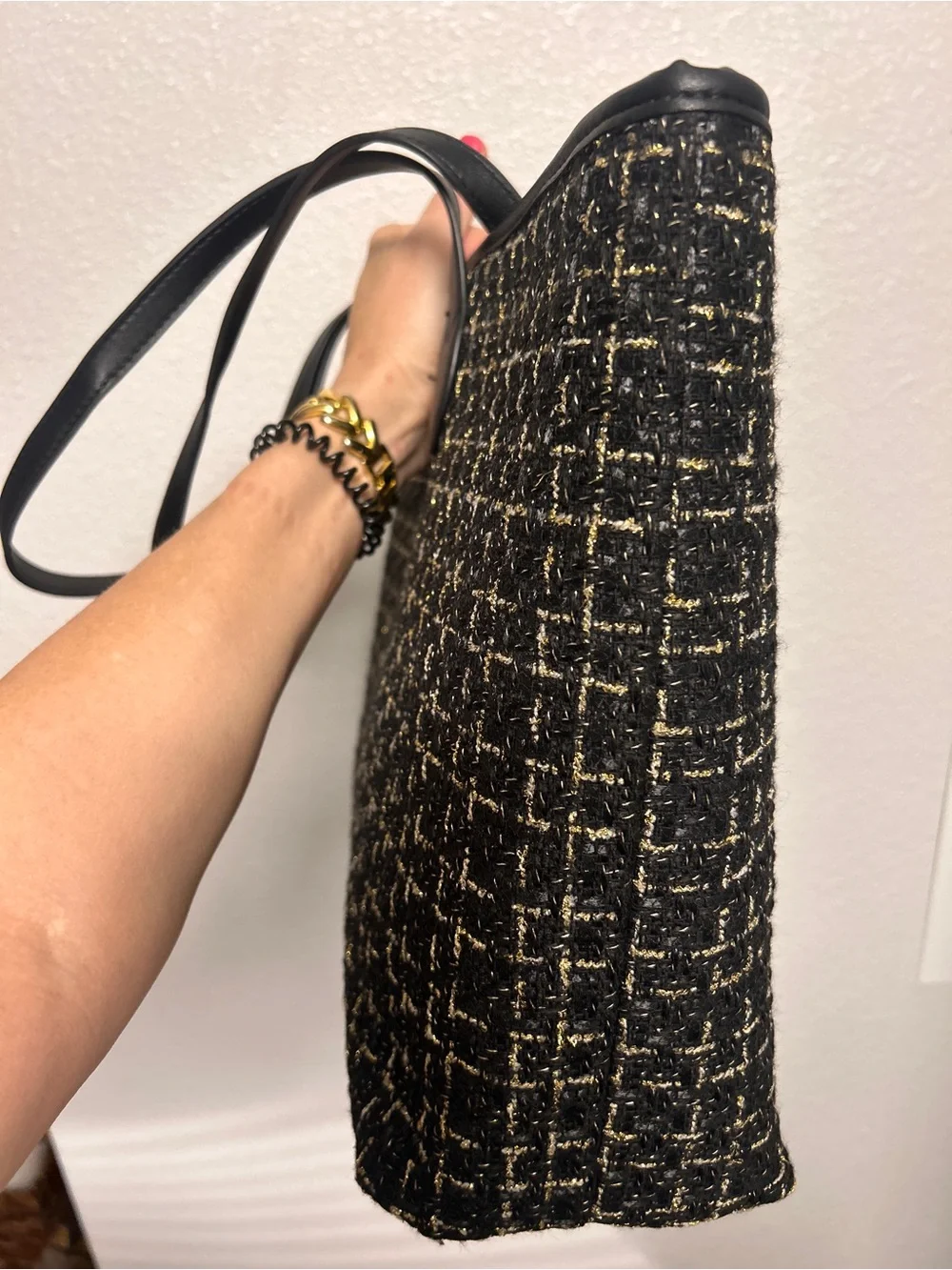 Badgley Mischka New York Tweed Black & Gold Tote Bag with Snap Closure New
